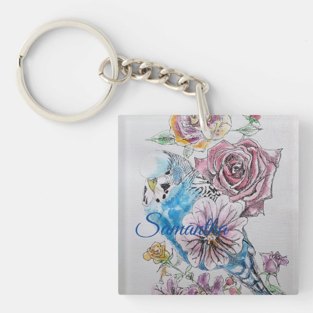 Blue Budgie Budgies Rose Flower floral Key Ring (Front)