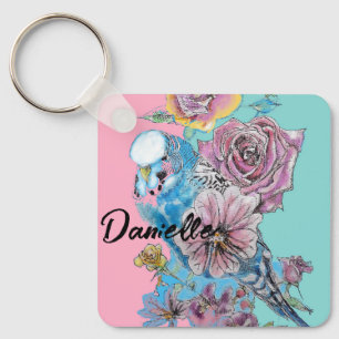 Blue Budgie Budgies Rose Flower floral Key Ring