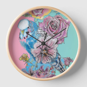 Blue Budgie Budgies Rose Flower floral Key Ring Clock