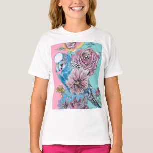 Blue Budgie Budgies Rose Flower floral Key Ring T-Shirt
