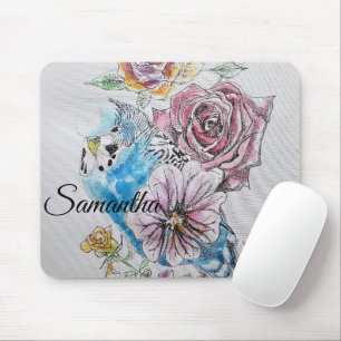 Blue Budgie Budgies Rose Flower floral Mouse Pad