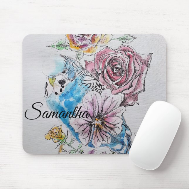 Blue Budgie Budgies Rose Flower floral Mouse Pad (With Mouse)