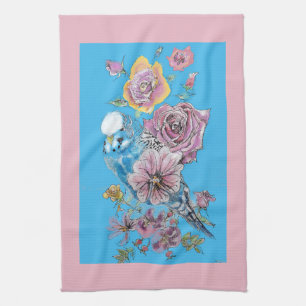 Blue Budgie Cute Whimsical Pink Blue floral Tea Towel