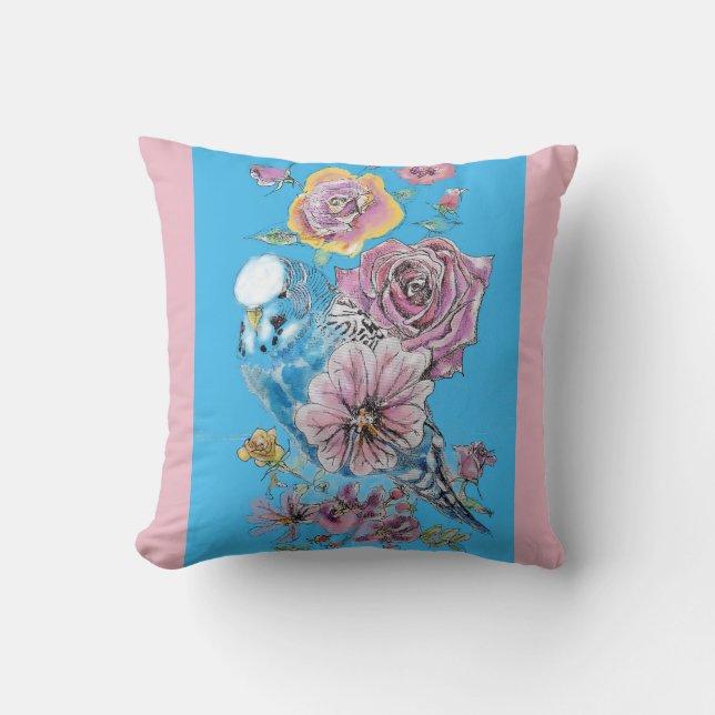 Blue Budgie Cute Whimsical Pink Blue Girls Baby Cushion (Front)