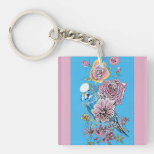 Blue Budgie Cute Whimsical Pink Blue Girls Key Ring