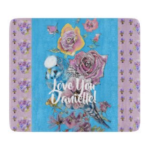 Blue Budgie floral flowers Glass Chopping Board