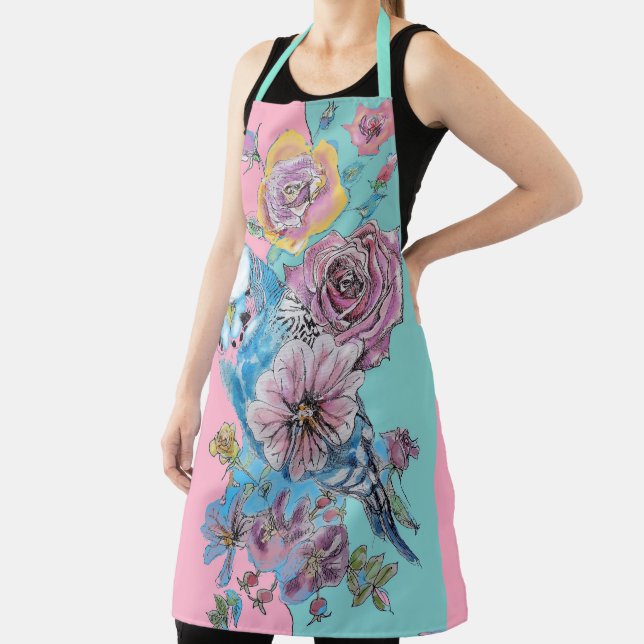 Blue Budgie Flower Roses Pink floral Kitchen Apron (Insitu)