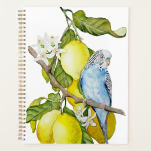 Blue Budgie in Lemon Tree Watercolor Botanical Art Planner