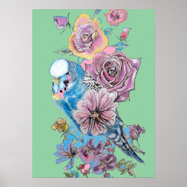 Blue Budgie Red Rose Green Watercolour art Poster (Front)