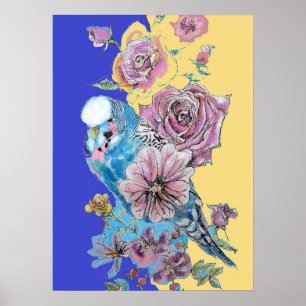 Blue Budgie & Red Rose Navy Watercolour art Poster