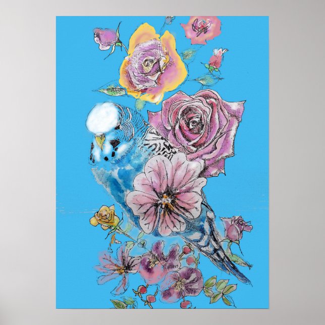 Blue Budgie Red Rose Pastel Watercolour art Poster (Front)