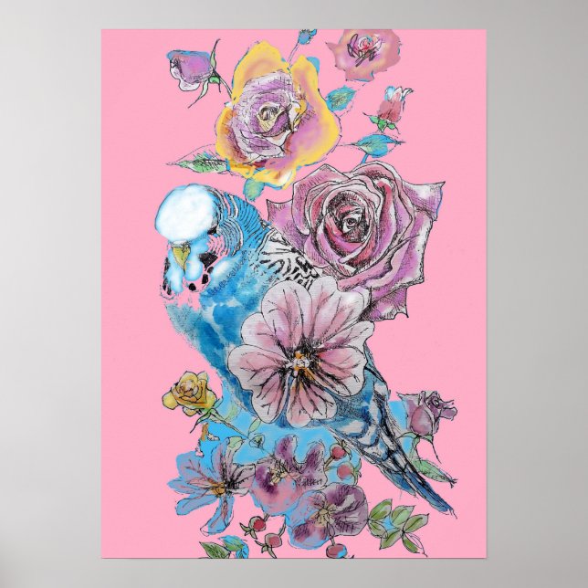 Blue Budgie Red Rose Pink Watercolour art Poster (Front)