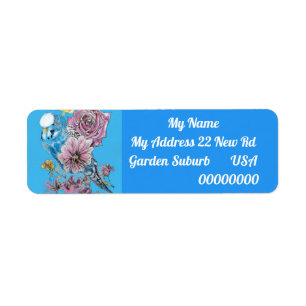 Blue Budgie Rose floral Art Return Address Labels