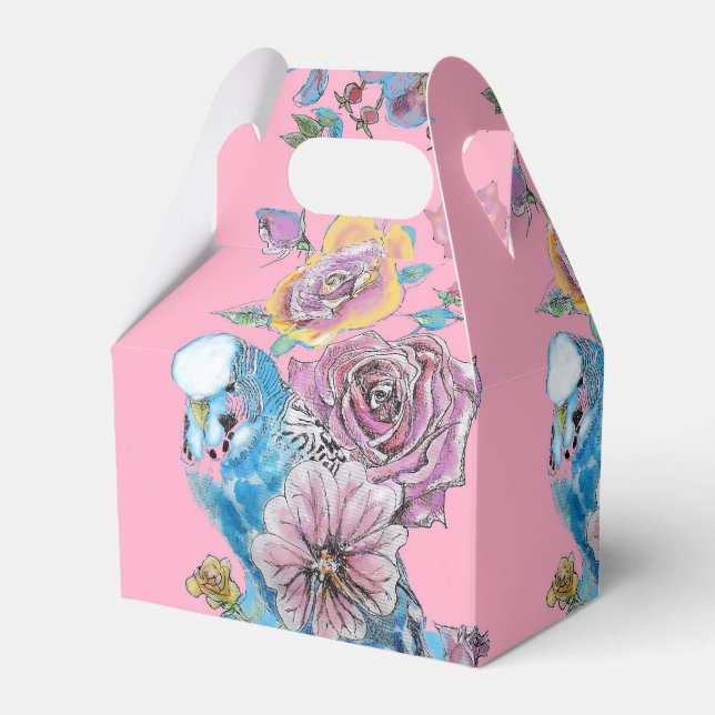 Blue Budgie & Rose Floral Party Cake Favour Box (Front Side)