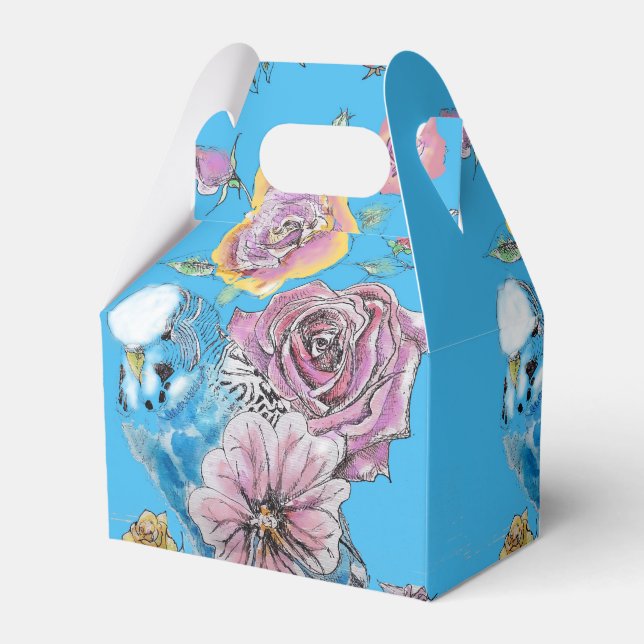 Blue Budgie & Rose Floral Party Cake Favour Box (Front Side)