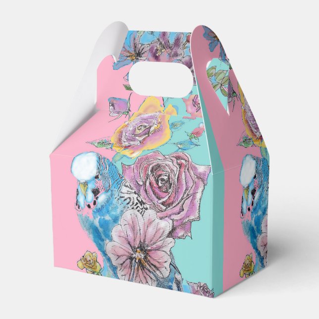 Blue Budgie & Rose Floral Party Cake Favour Box (Front Side)