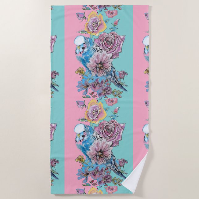 Blue Budgie & Rose Floral Party Cake Favour Box Beach Towel (Front)