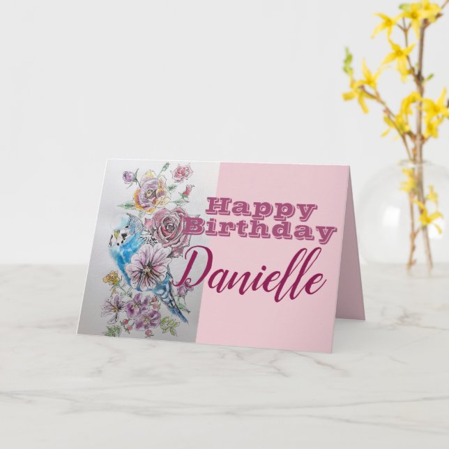 Blue Budgie & Rose Flower Happy Birthday Name Card (Yellow Flower)