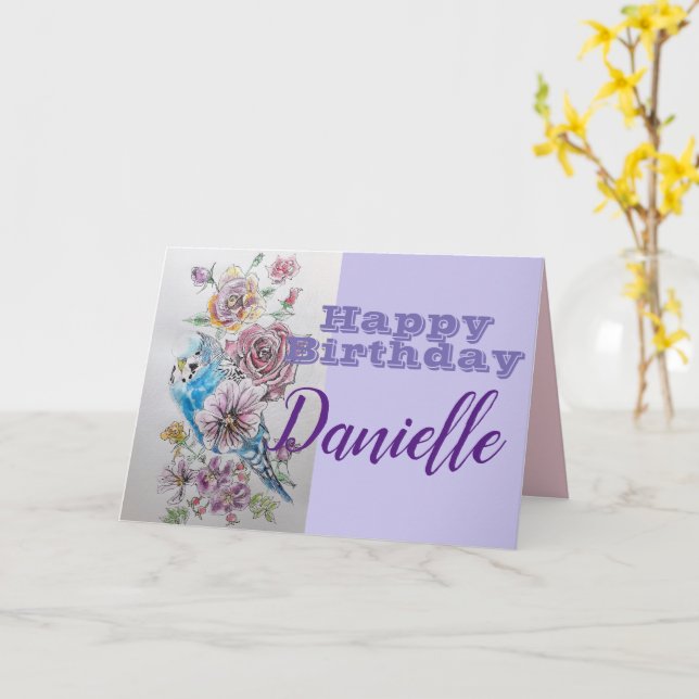Blue Budgie & Rose Flower Happy Birthday Name Card (Yellow Flower)