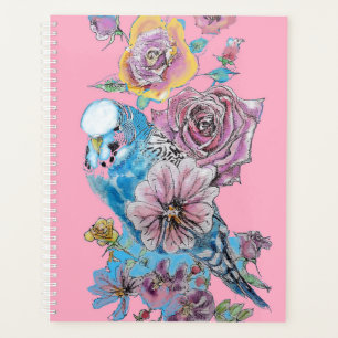 Blue Budgie Rose Watercolor Pink Bird Planner