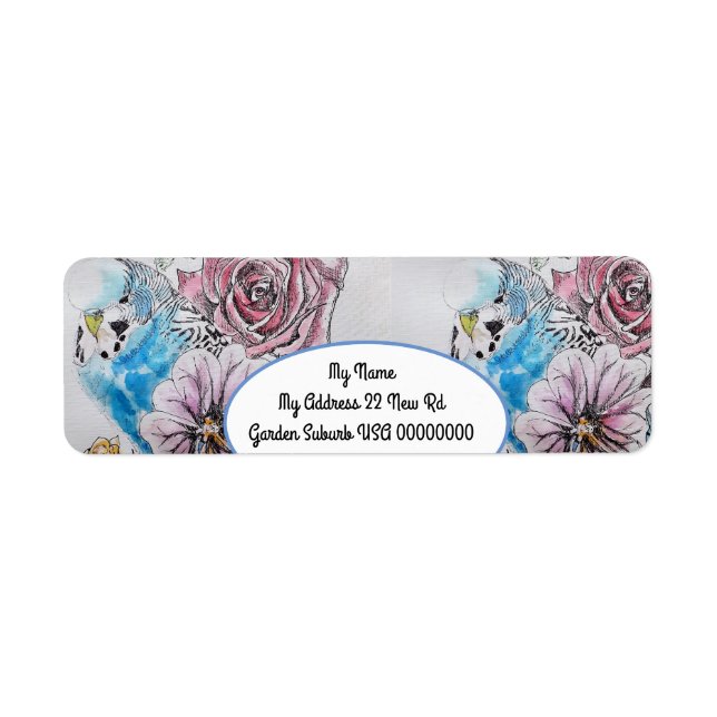 Blue Budgie Rose Watercolour Return Address Labels (Front)