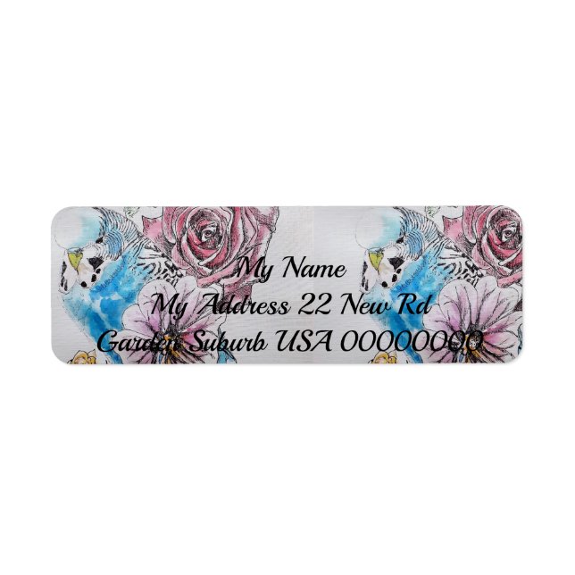 Blue Budgie Rose Watercolour Return Address Labels (Front)