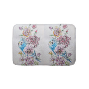 Blue Budgie & Roses Art floral flowers Bath Mat