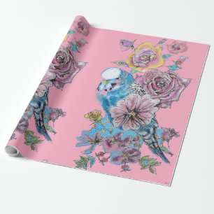 Blue Budgie Roses art flowers Watercolor Wrapping Paper
