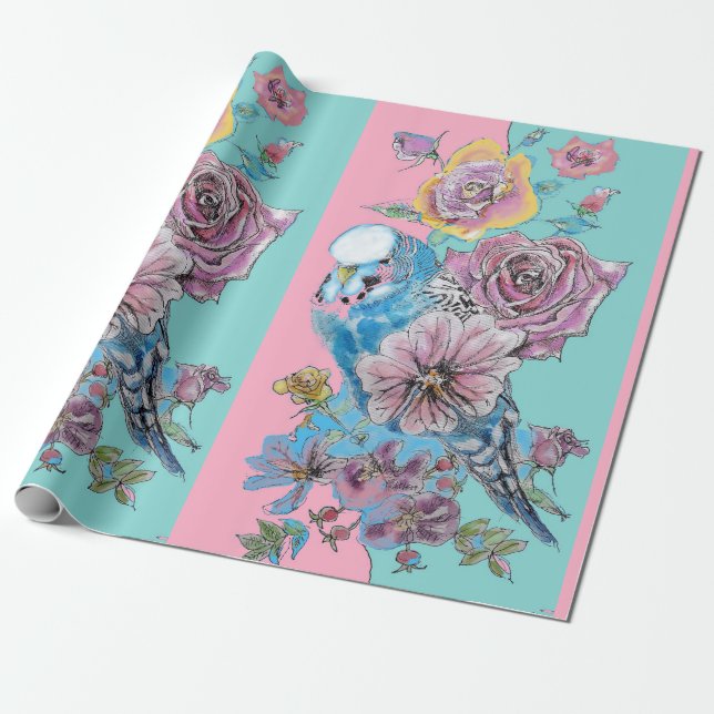 Blue Budgie Roses art flowers Watercolor Wrapping Wrapping Paper (Unrolled)