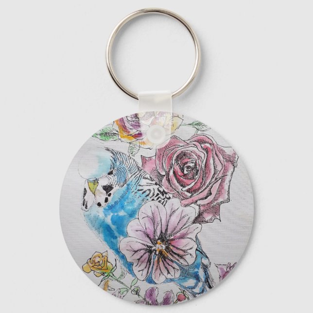 Blue Budgie & Roses Watercolor Art Key Ring (Front)