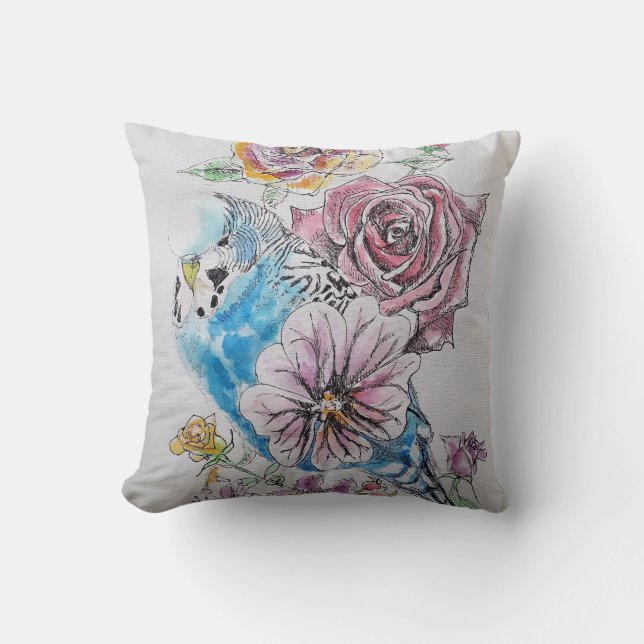 Blue Budgie & Roses Watercolour bird Decor Cushion (Front)