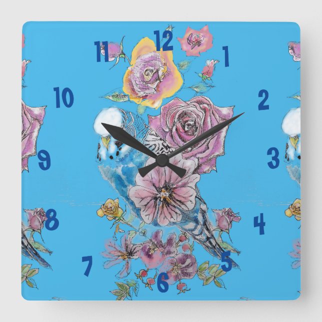 Blue Budgie Watercolor Azure Womans Office Clock (Front)