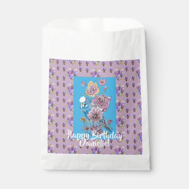 Blue Budgie Watercolor floral Girls Favour Bags (Front)