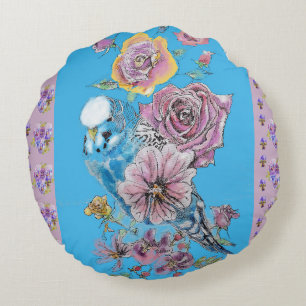 Blue Budgie Watercolor floral Ladies Round Cushion