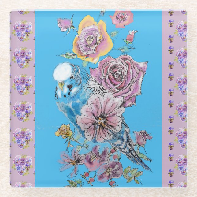 Blue Budgie Watercolor Lilac floral Glass Coaster (Front)