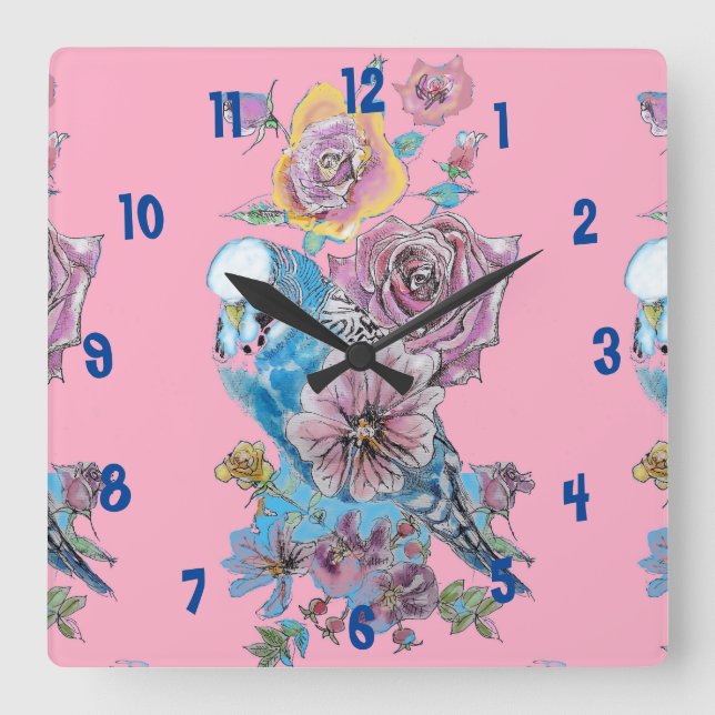 Blue Budgie Watercolor Pink Womans Office Clock (Front)