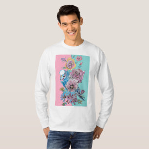 Blue Budgie Watercolor Red Roses floral art T-Shirt