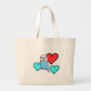 Blue Budgie with Hearts Large Tote Bag
