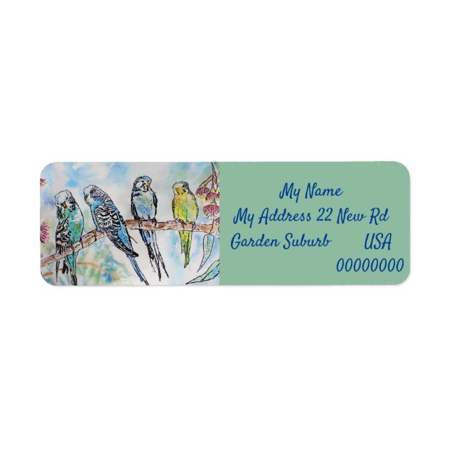 Blue Budgies Watercolour Return Address Labels (Front)
