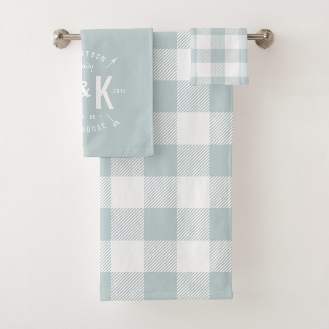 Blue Buffalo Check and Farmhouse Arrow Monogram Bath Towel Set (Insitu)