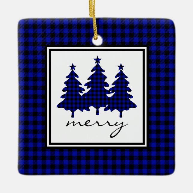 Blue Buffalo Check Pine Trees Ceramic Ornament (Front)