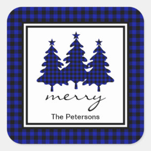Blue Buffalo Check Pine Trees Personalised Square Sticker
