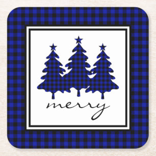 Blue Buffalo Check Pine Trees Square Paper Coaster