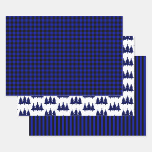 Blue Buffalo Check Pine Trees Stripes Christmas Wrapping Paper Sheet