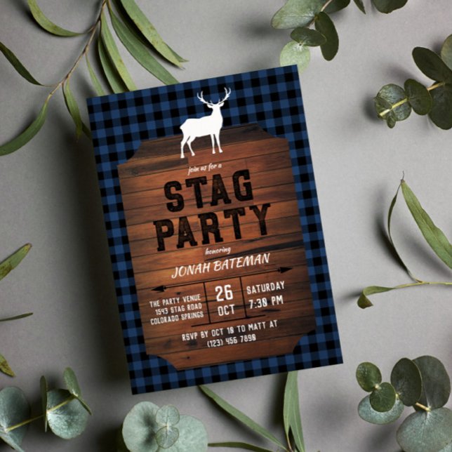 Blue Buffalo Check & Wood Stag Party Invitation (Creator Uploaded)