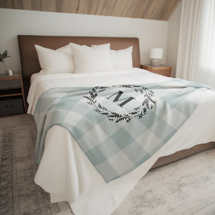 Blue Buffalo Check Wreath Monogram Farmhouse Fleece Blanket