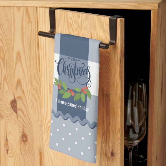 Blue Buffalo Checks Holly Leaves and Berries Chris Tea Towel (Thirds Fold)