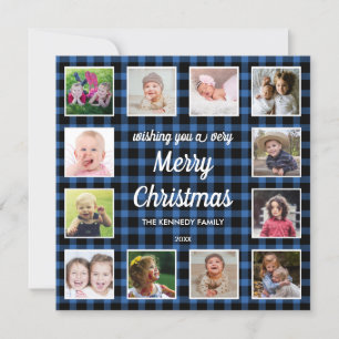 Blue Buffalo Plaid 12 Photo Collage  Christmas Holiday Card