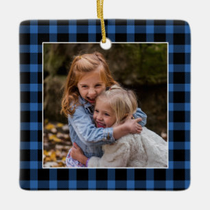 Blue Buffalo Plaid Christmas Photo Ceramic Ornament