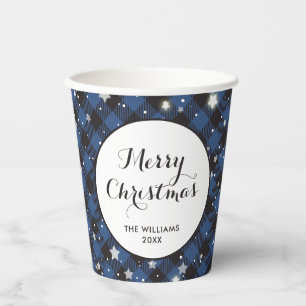 Blue Buffalo Plaid Family Christmas Party Paper Cups